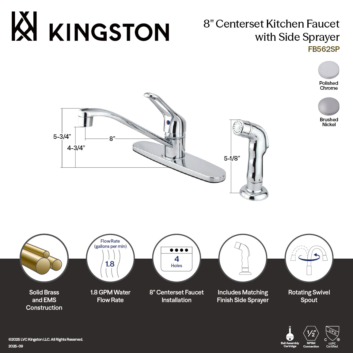 Kingston Tulare FB562SP - Wyndham One-Handle 4-Hole 8" Centerset Kitchen Faucet with Side Sprayer, Polished Chrome — thumbnail 2